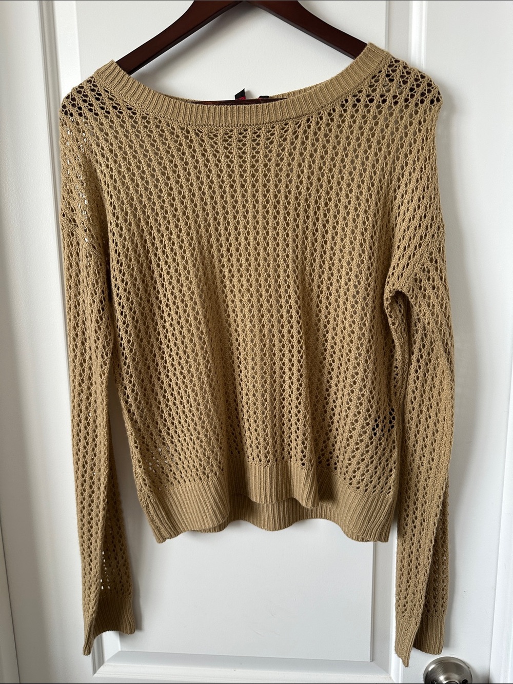Lightweight Open-Knit Crewneck Sweater in Tan